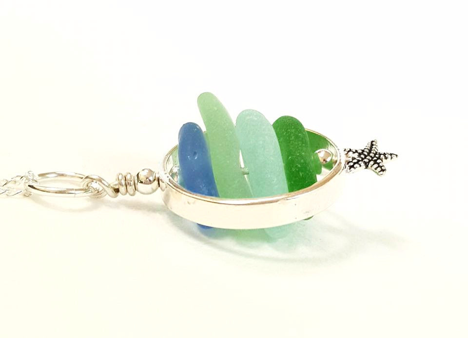 GENUINE Sea Glass Necklace In Sterling Silver Circle With Starfish