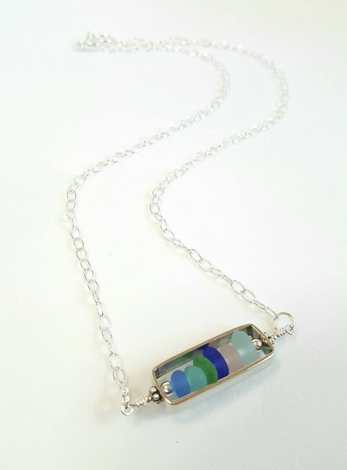 Bar Necklace With GENUINE Sea Glass In Sterling Silver