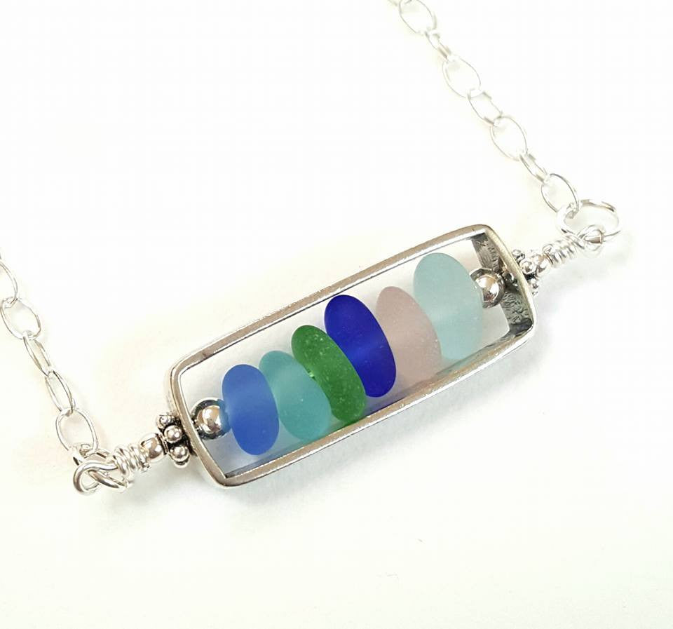 Bar Necklace With GENUINE Sea Glass In Sterling Silver