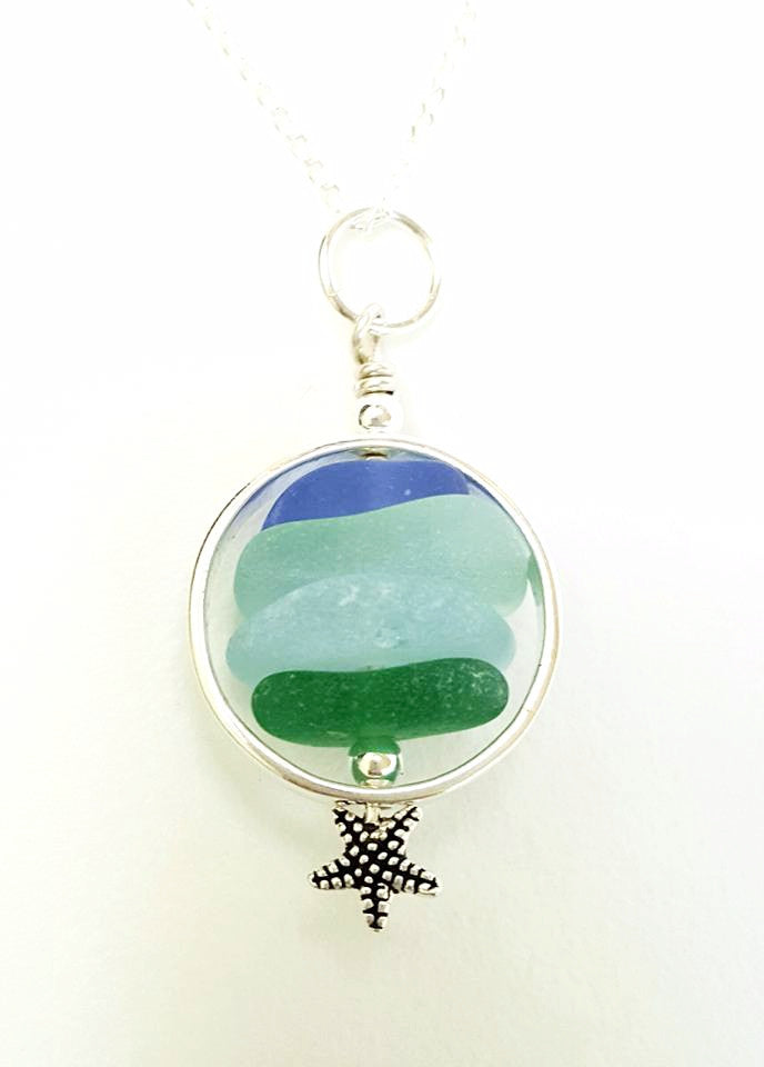 GENUINE Sea Glass Necklace In Sterling Silver Circle With Starfish