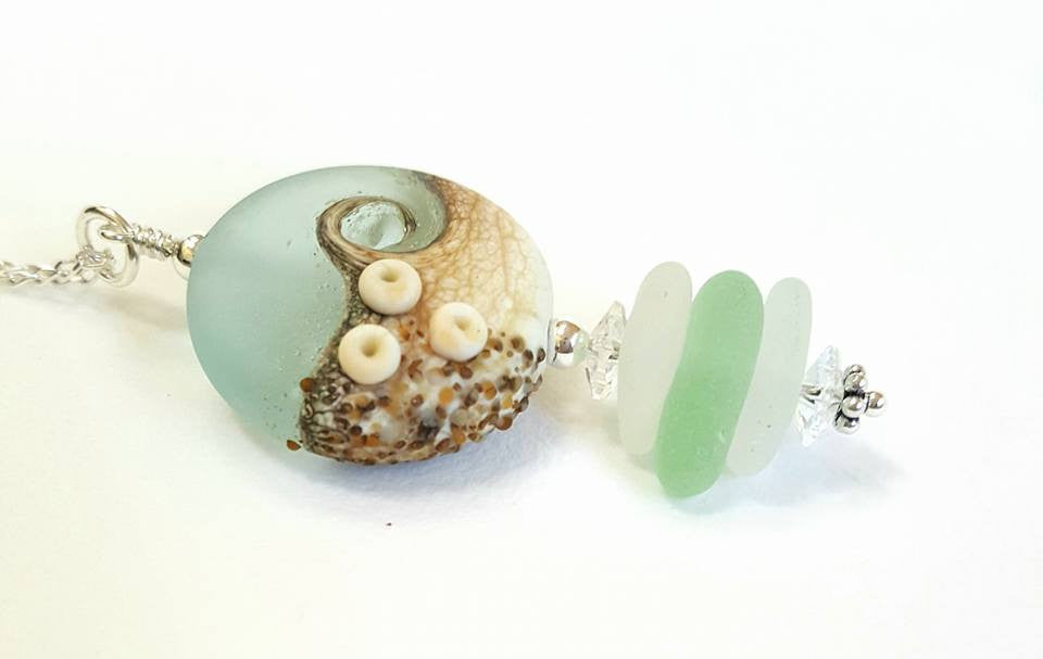 Sea Glass Necklace In Genuine Sea Foam Seaglass With Wave