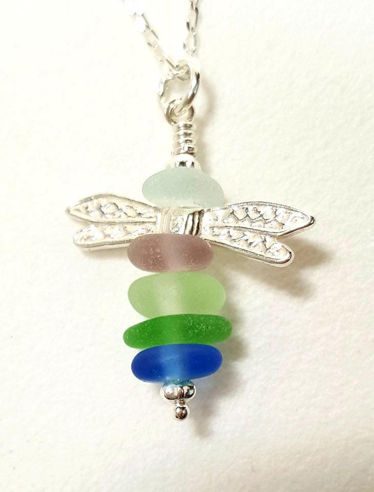 GENUINE Sea Glass Necklace Dragonfly Jewelry Sterling Silver