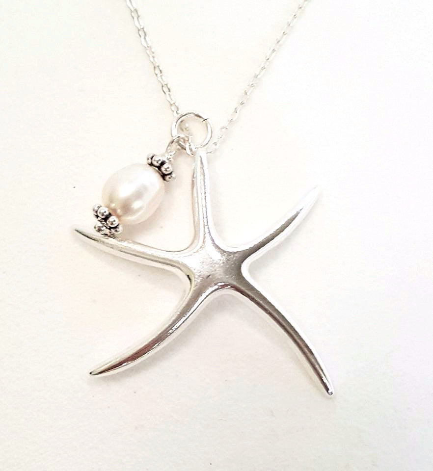 Silver Starfish Necklace With Pearl