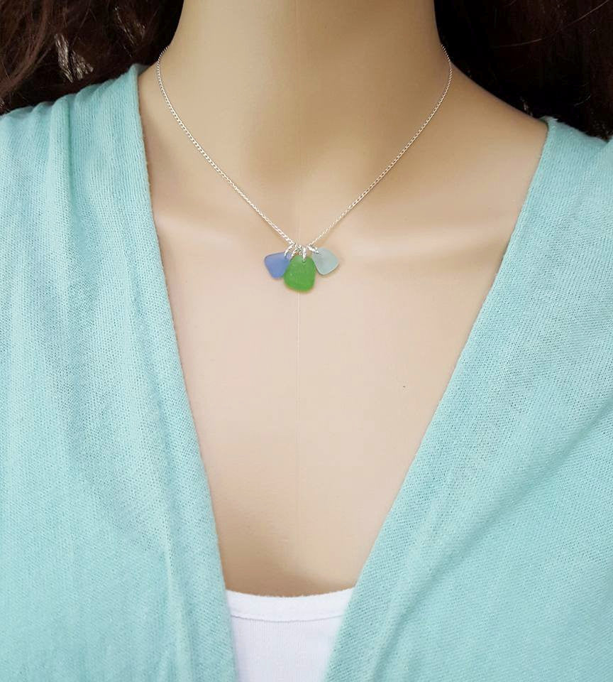 Beach Glass Necklace Trio of Green And Blues