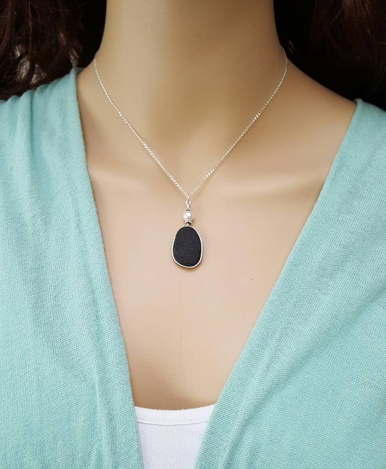 GENUINE Black Sea Glass Necklace RARE In Sterling Silver With Pearl