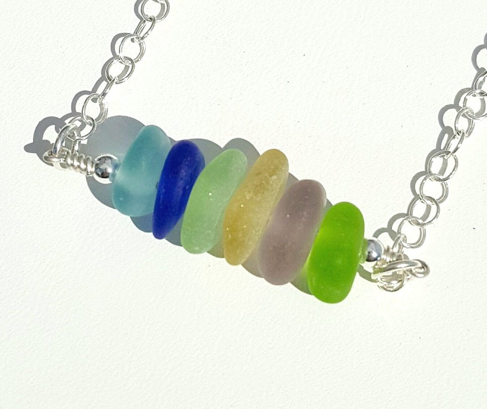 Real Beach Glass Necklace In Rainbow Color Sea Glass And Sterling Silver