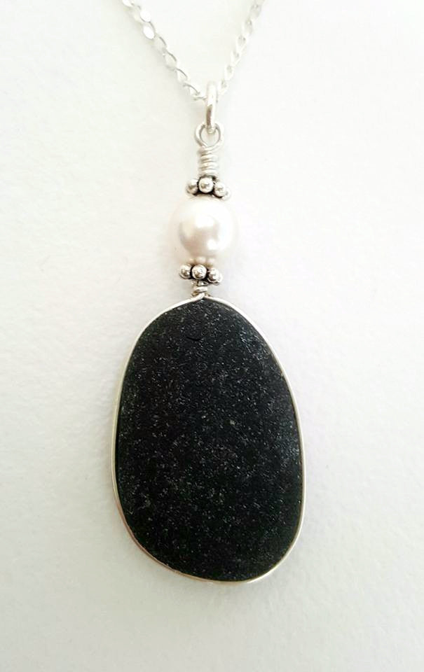 GENUINE Black Sea Glass Necklace RARE In Sterling Silver With Pearl