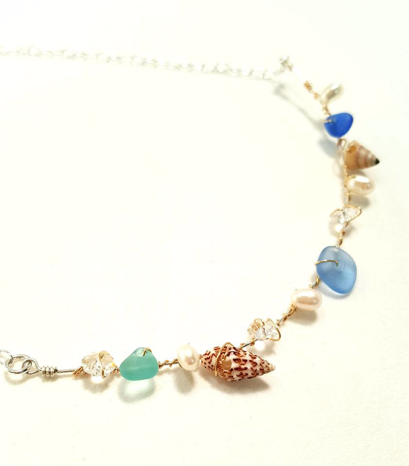 Sea Glass, Pearl And Shell Necklace In Gold And Silver.