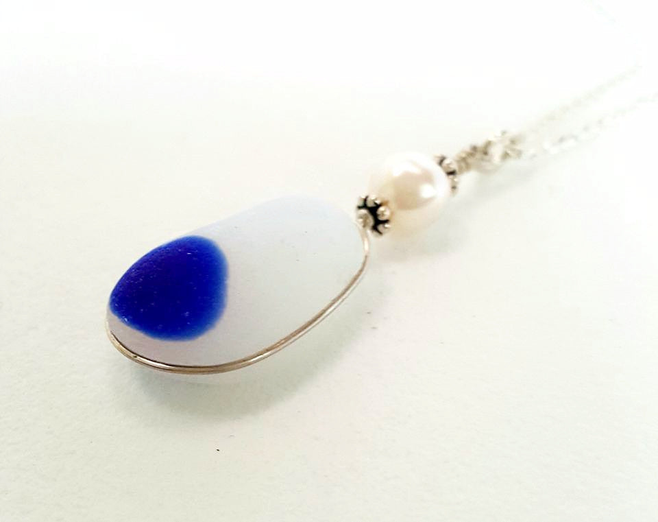 Baby Blue Sea Glass Whale Tail Necklace by Sam Grim - Maui Hands