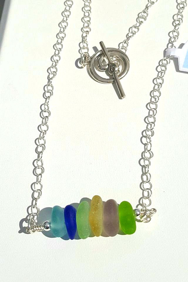 Real Beach Glass Necklace In Rainbow Color Sea Glass And Sterling Silver