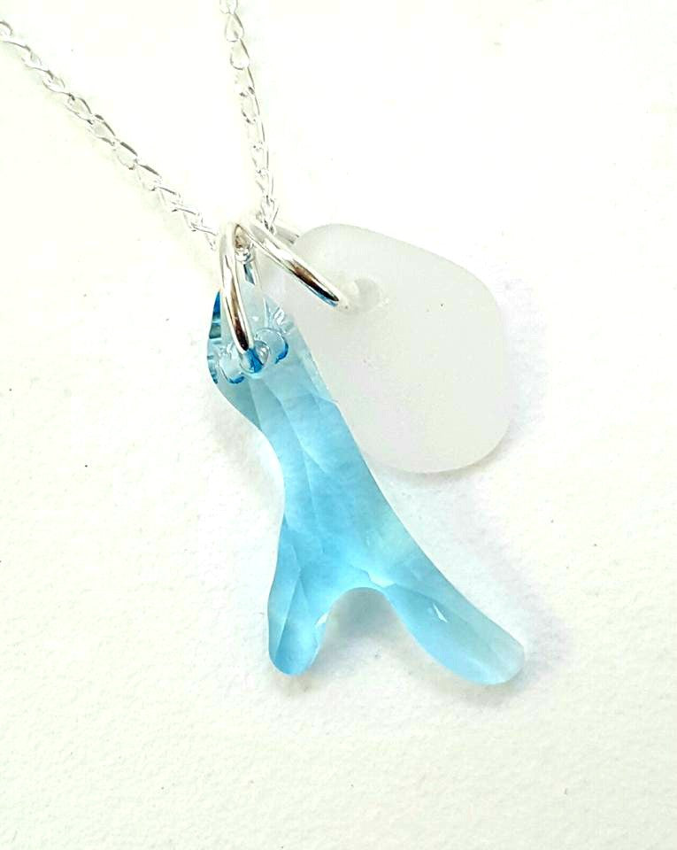 GENUINE White Beach Glass Necklace With Aqua Blue Swarovski Crystal Coral