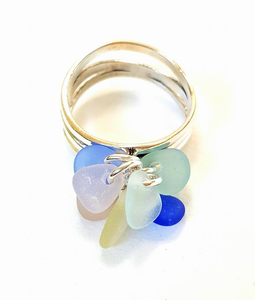 GENUINE Sea Glass Ring In Sterling Silver With Wave.