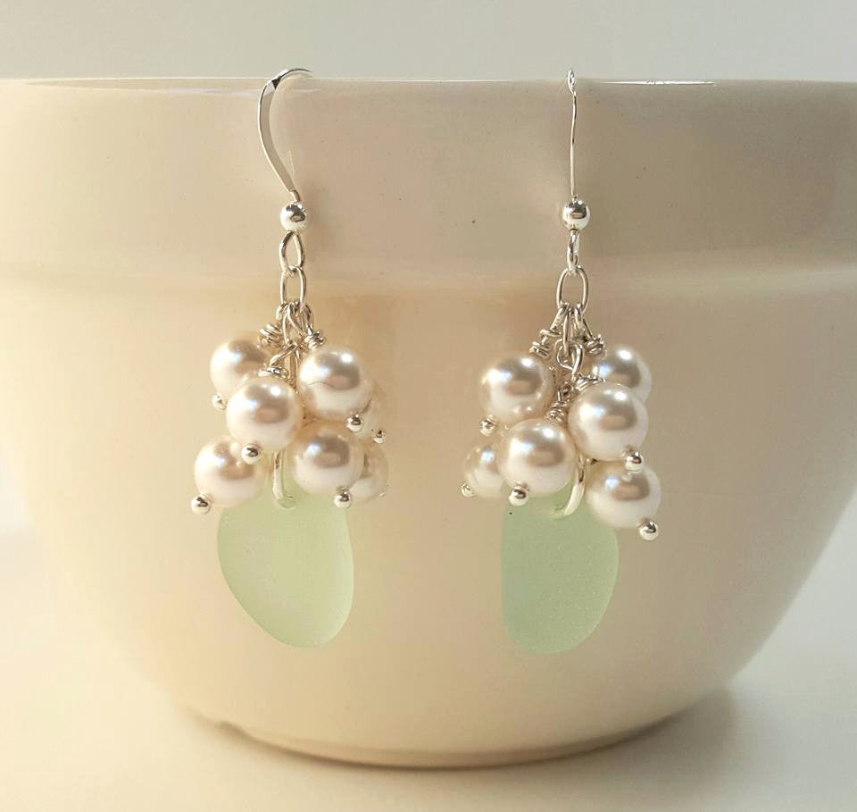 GENUINE Sea Foam Sea Glass Earrings Sterling Silver With Pearls