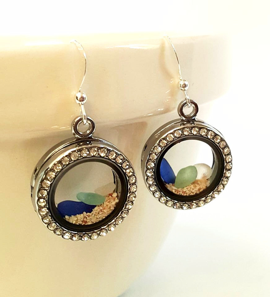 Sand and sea glass locket earrings.