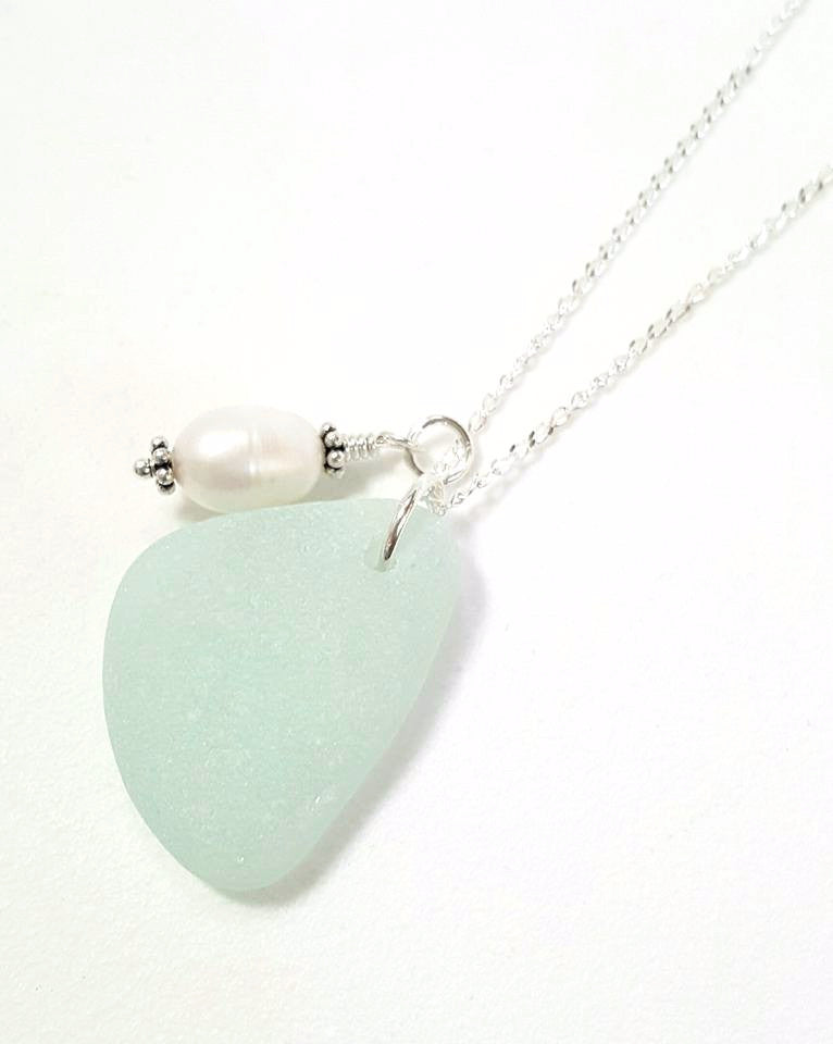 Beach Necklace Aqua Sea Glass Jewelry With Wire Wrapped Pearl