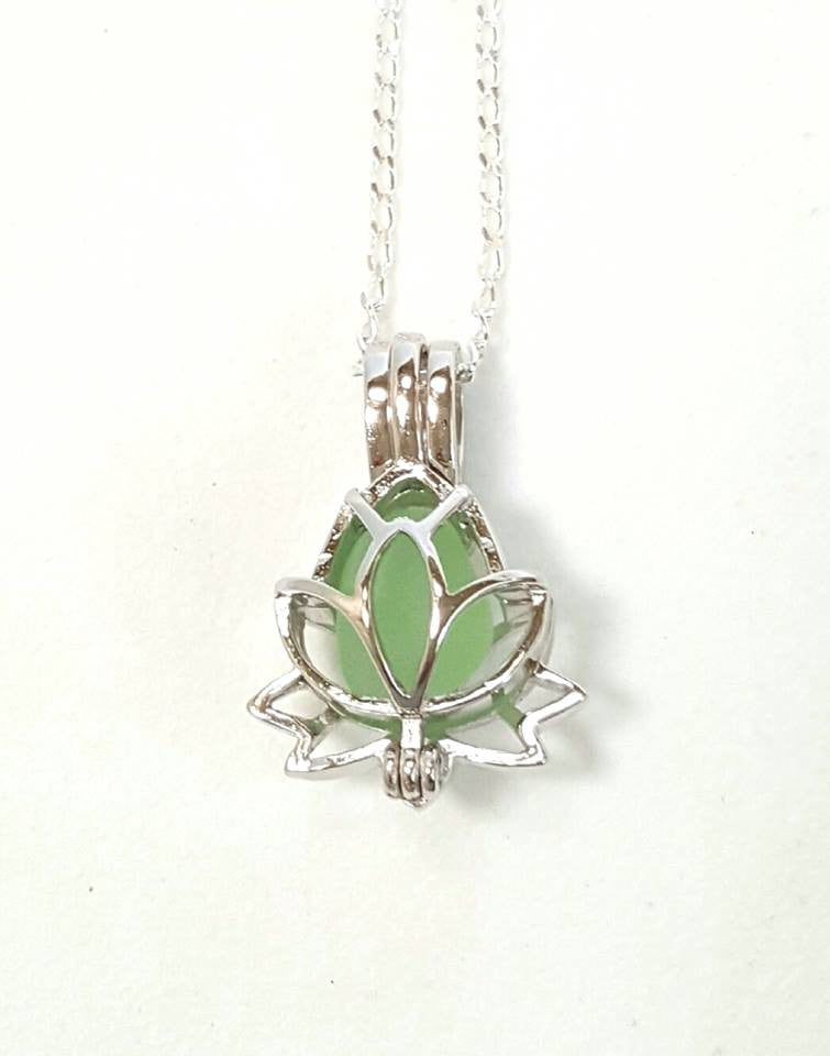 Lotus Locket Necklace GENUINE Sea Glass Zen Yoga Jewelry Sterling Silver