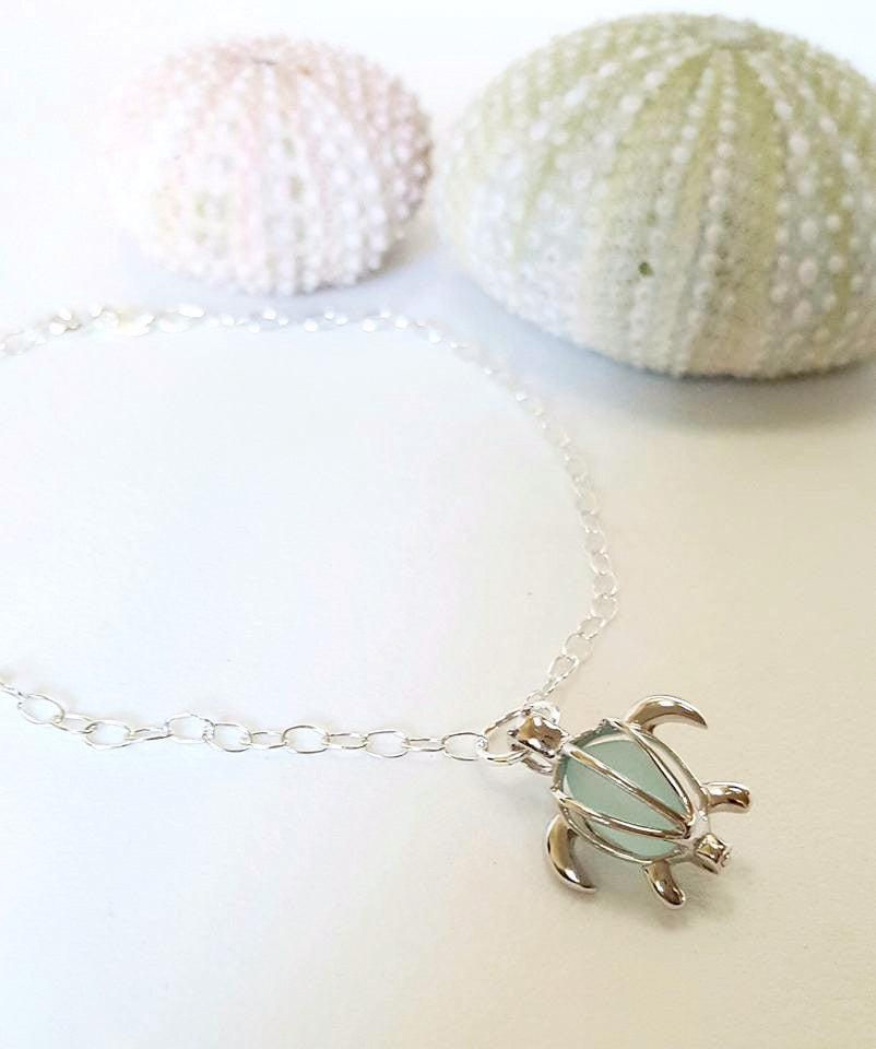 Genuine Sea Glass And Turtle Anklet In Aqua And Sterling Silver