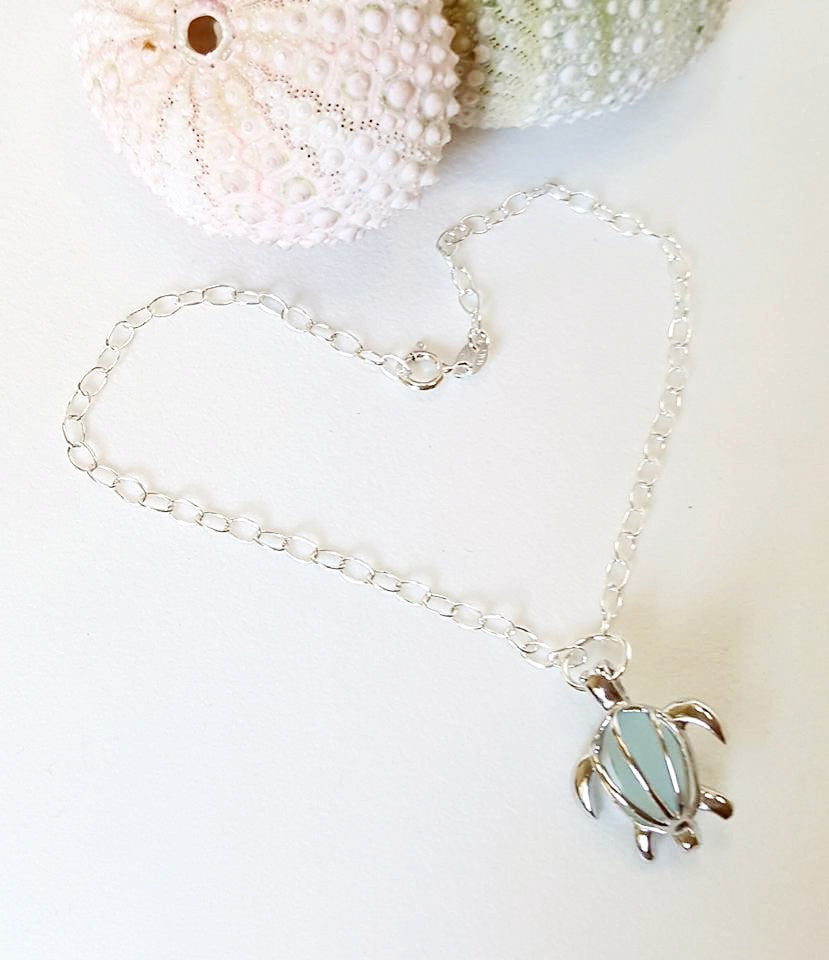 Genuine Sea Glass And Turtle Anklet In Aqua And Sterling Silver