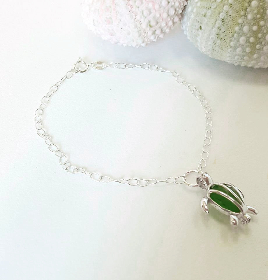 Real Sea Glass And Turtle Anklet In Green And Sterling Silver