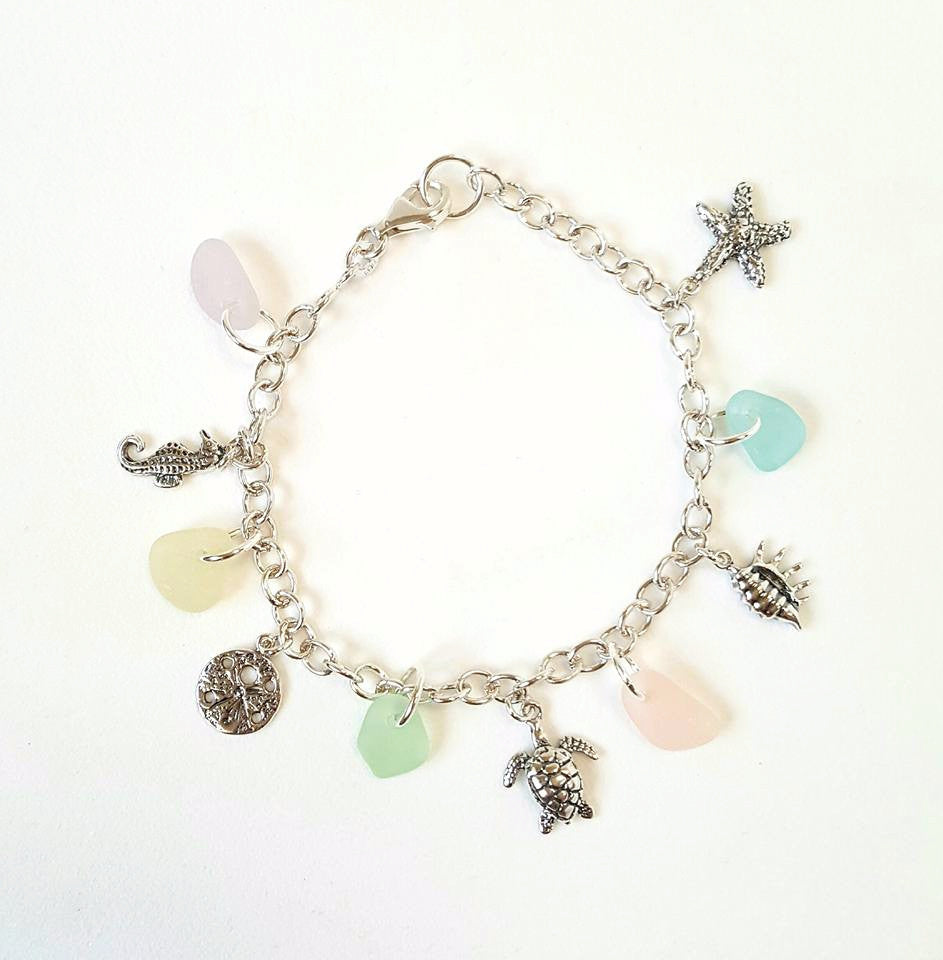 GENUINE Beach Glass Bracelet With Charms Turtle Starfish Sterling Silver