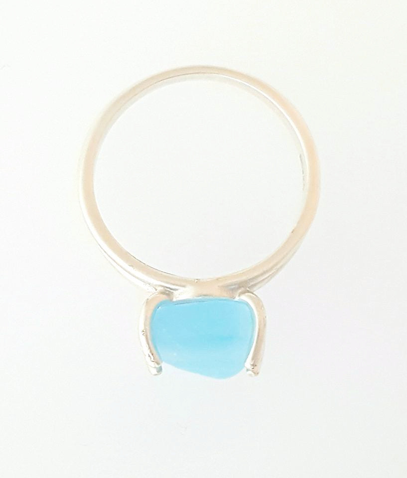 Real Sea Glass Ring Sterling Silver Solitaire Ring With Blue Seaglass