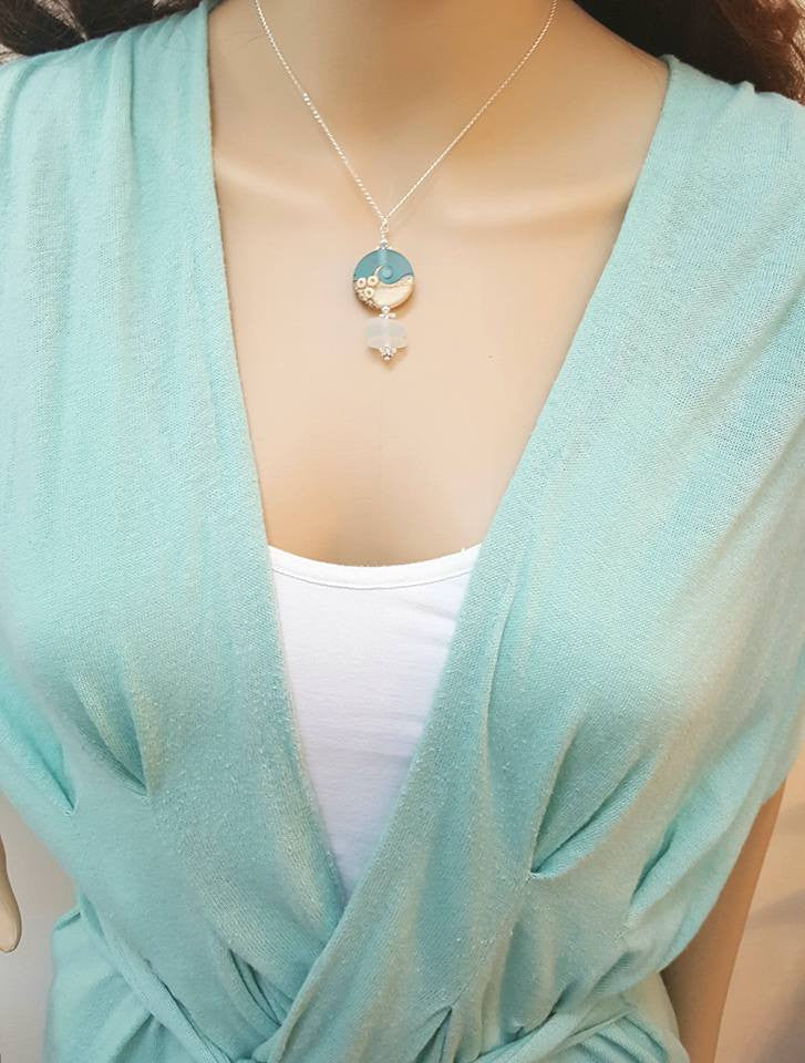 Beach Necklace With Real Sea Glass And Handmade Bead