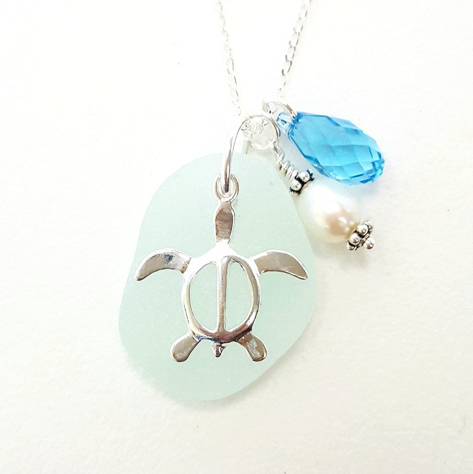 Genuine Beach Glass Turtle Necklace In Sterling Silver And Aqua Blue