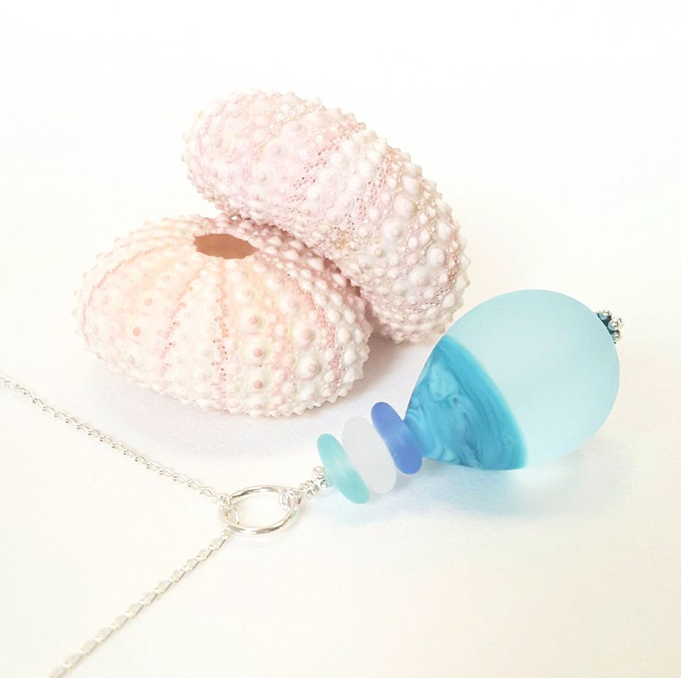 Artisan Sea Glass Necklace With Teardrop Handmade Bead