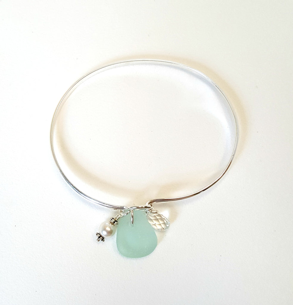 Real Beach Glass Bracelet - Sterling Silver Bangle- Choice of Colors