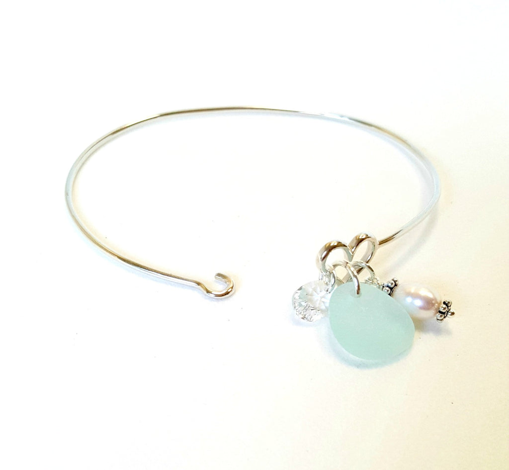 Authentic Sea Glass Bracelet In Aqua Blue And Sterling Silver