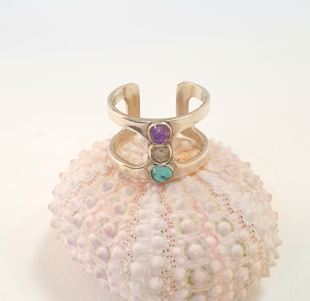 Amethyst, Sand And Turquoise Ring In Sterling Silver Beachy Boho