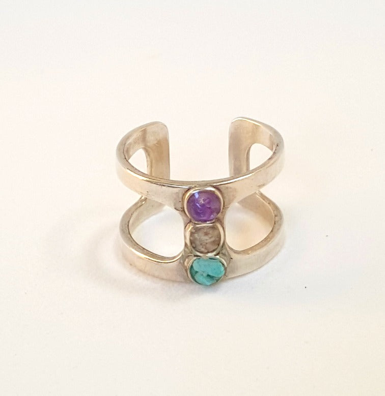 Amethyst, Sand And Turquoise Ring In Sterling Silver Beachy Boho