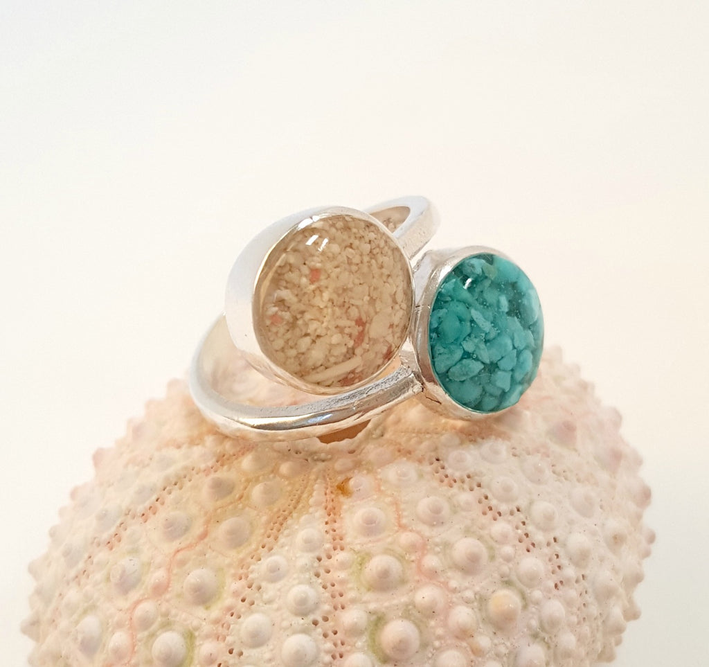 Artisan Turquoise and Sand Ring In Sterling Silver Beachy Boho