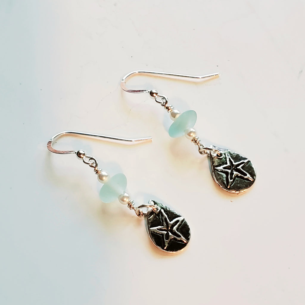 Starfish Earring With Sea Glass in Fine Silver
