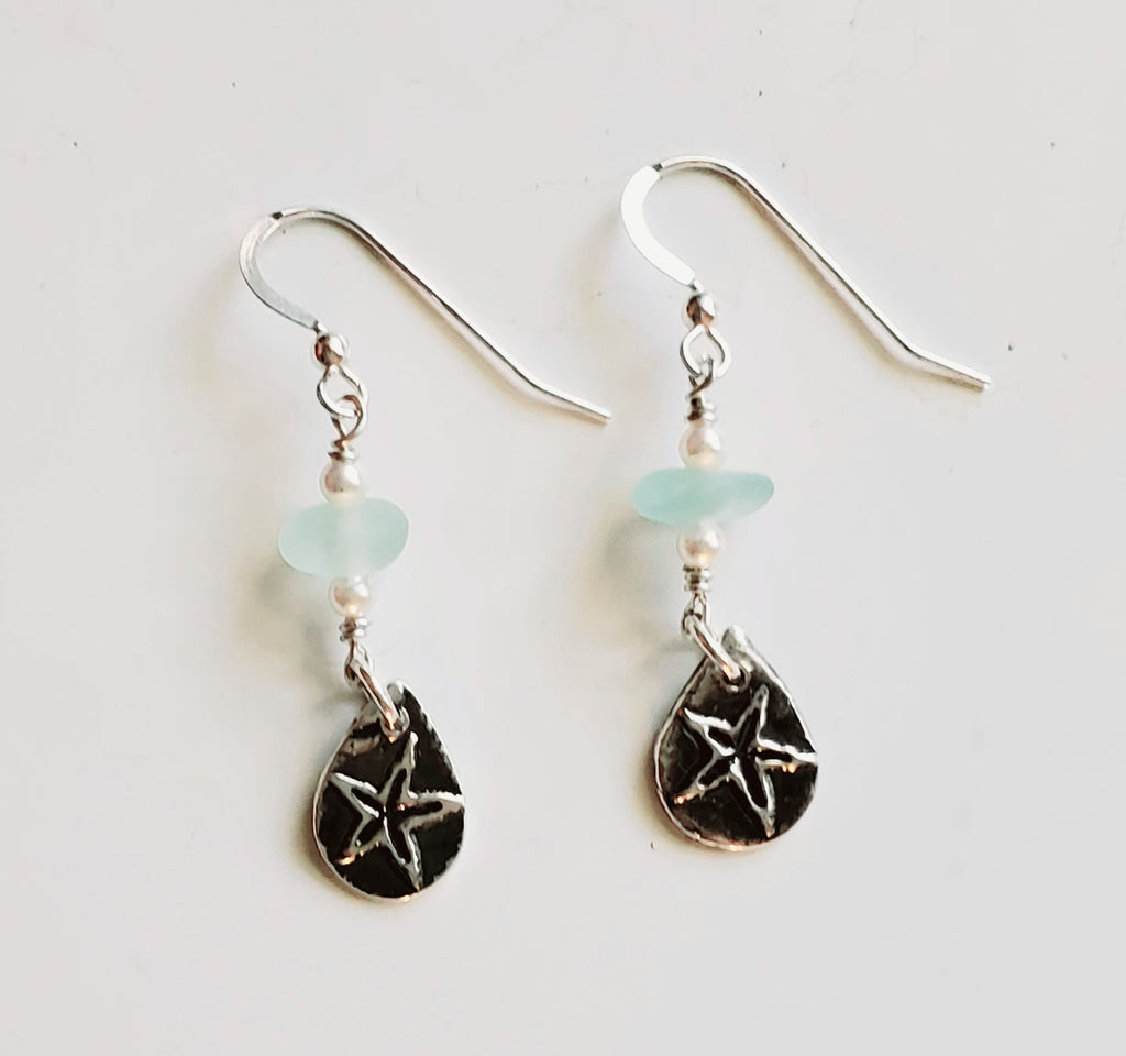 Starfish Earring With Sea Glass in Fine Silver