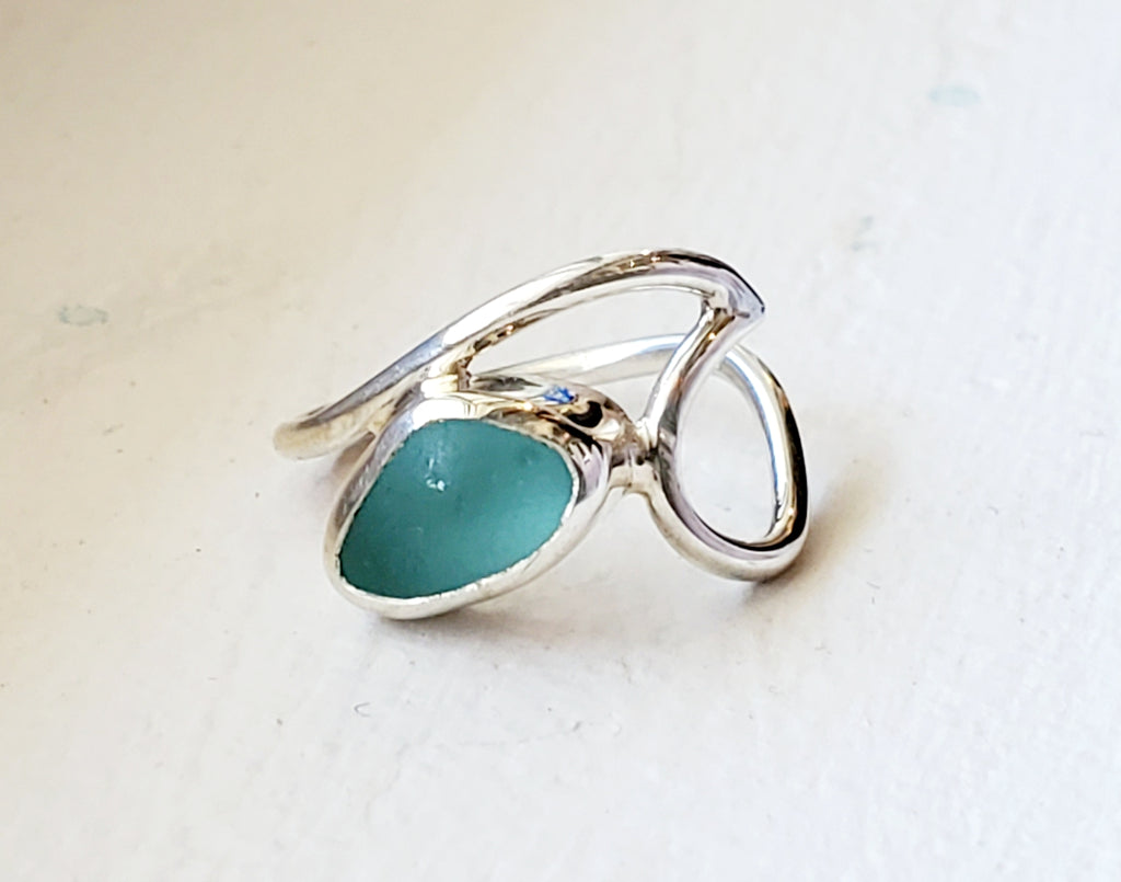 Genuine Sea Glass Wave Ring In Sterling Silver