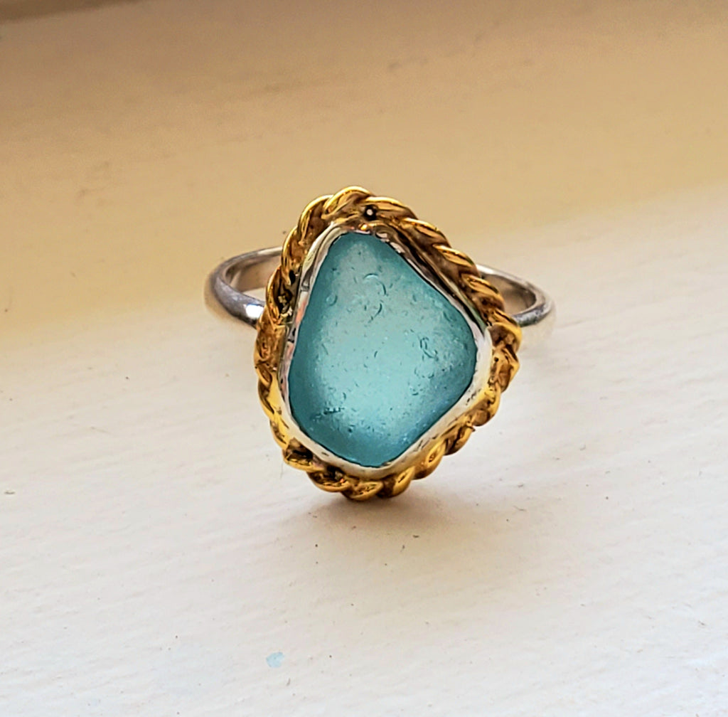 Aqua Blue Sea Glass Ring Sterling Silver and Gold Ring