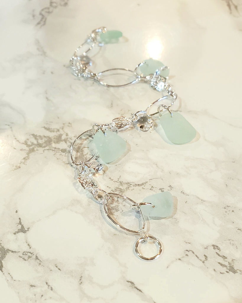 GENUINE Sea Glass Bracelet Sterling Silver With Aqua Sea Glass And Crystals