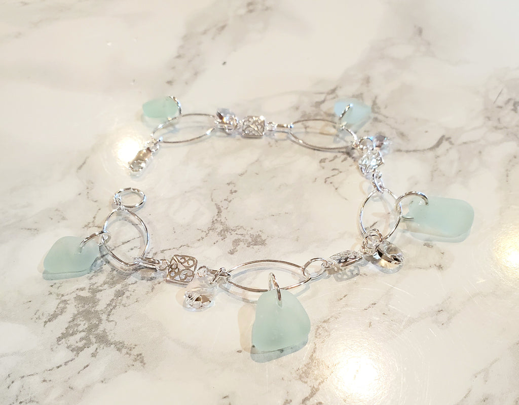 GENUINE Sea Glass Bracelet Sterling Silver With Aqua Sea Glass And Crystals