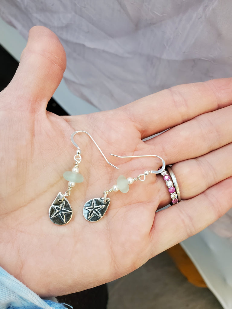 Fine Silver Starfish And Sea Glass Earrings Aqua Blue