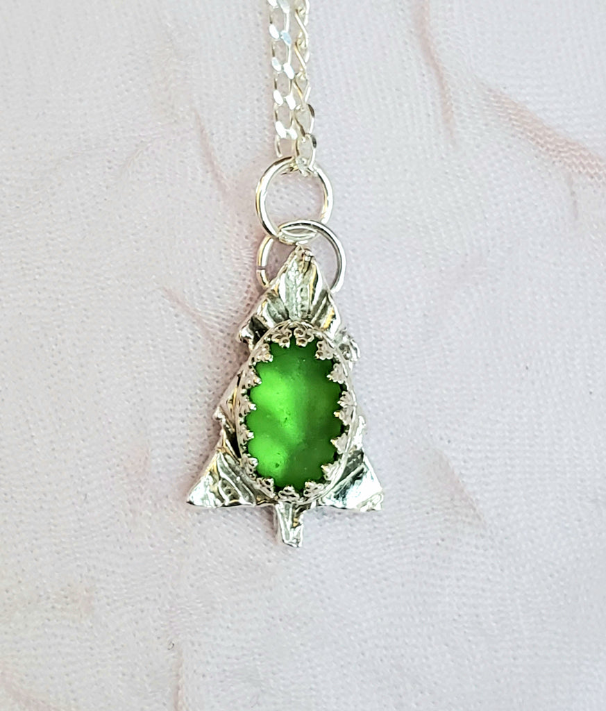 Petite Tree And Green Sea Glass Pendant Necklace