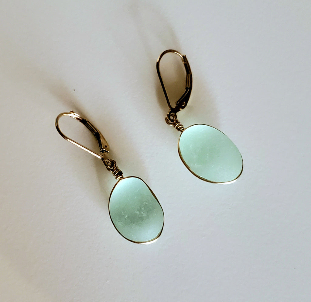Gold Sea Glass Earrings in Aqua Blue
