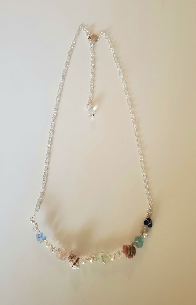 Genuine Sea Glass Necklace With Shells And Pearls In Silver And Gold Statement