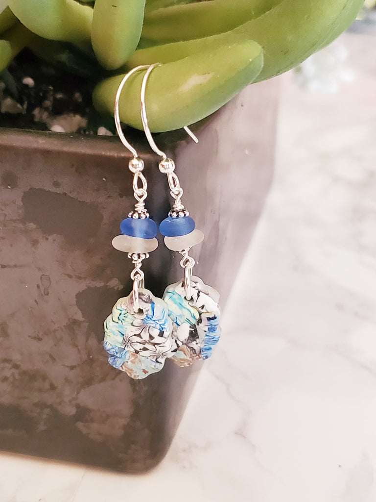 Beach Glass Earrings With Quilted Charms