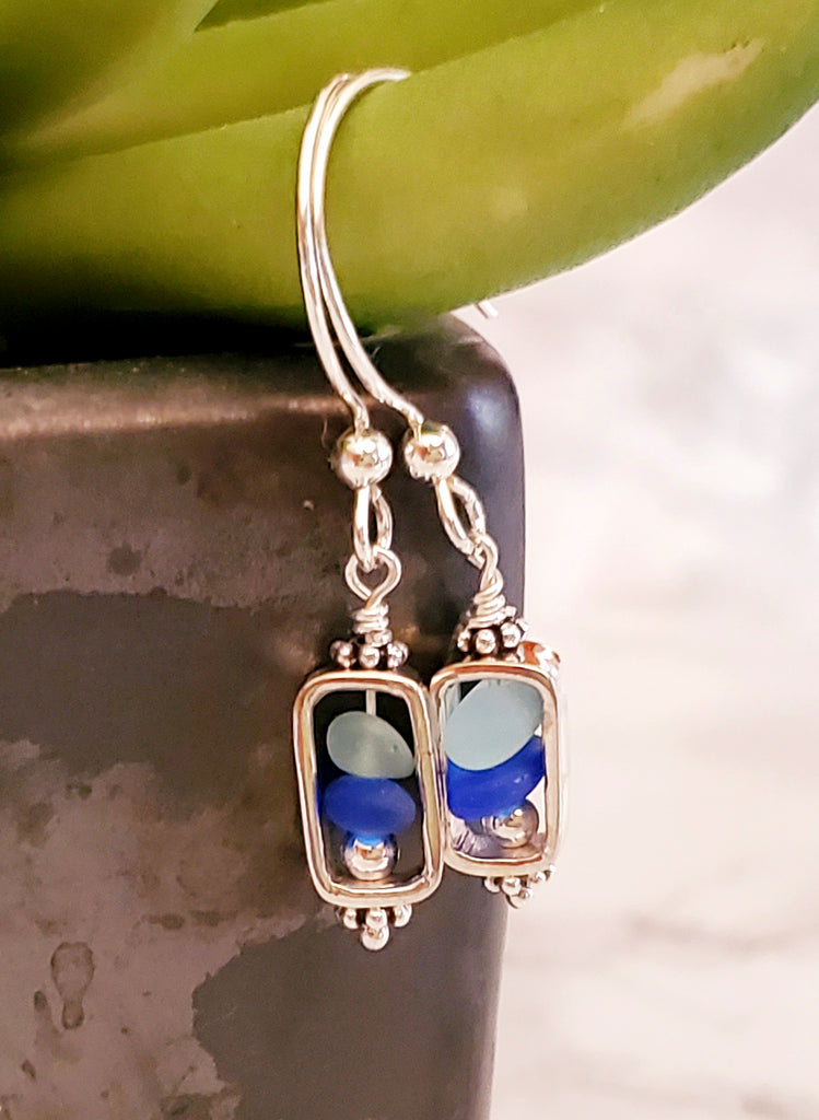 GENUINE Rare Cobalt Blue Sea Glass Earrings Sterling Silver Geometric Jewelry
