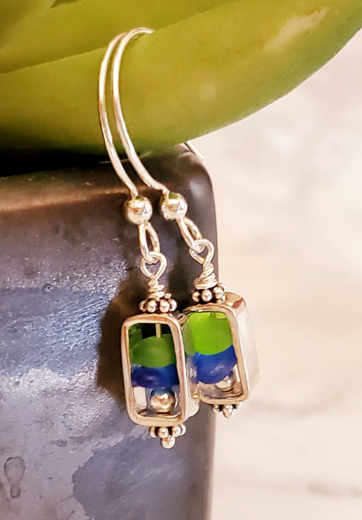 GENUINE Beach Glass Earrings Sterling Silver Green And Blue Seaglass