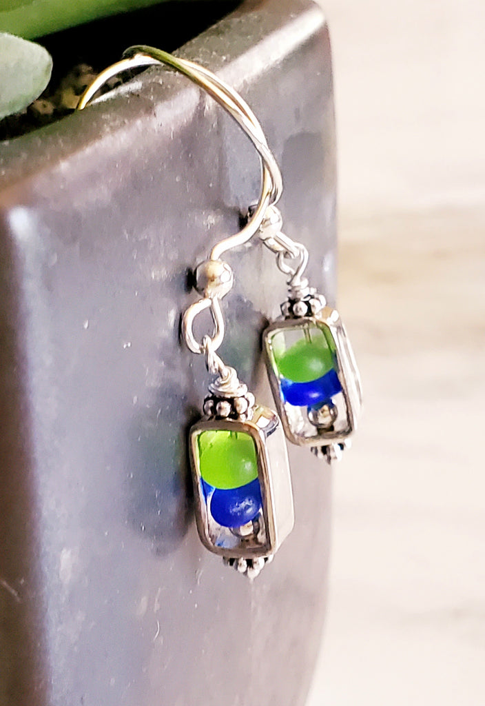 GENUINE Beach Glass Earrings Sterling Silver Green And Blue Seaglass