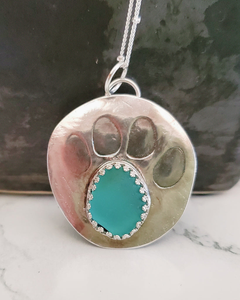 Dog Paw Print Genuine Sea Glass Pendant Necklace