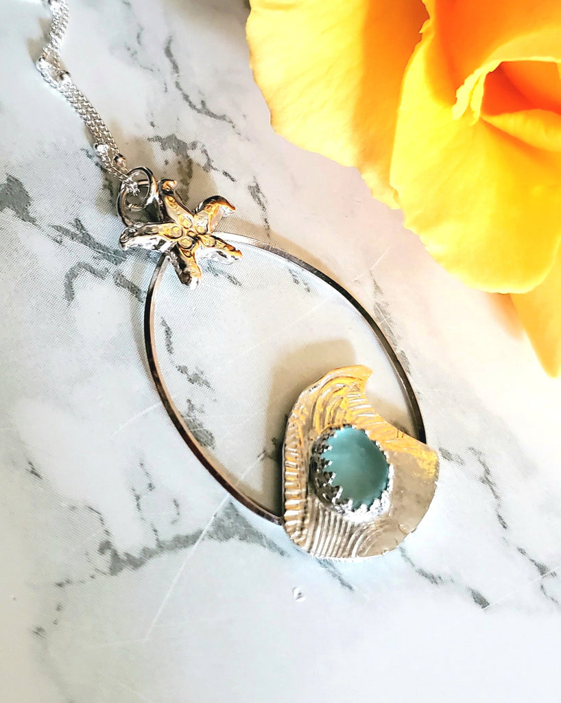 Wave Pendant Necklace with Aqua Blue Sea Glass in Fine Silver