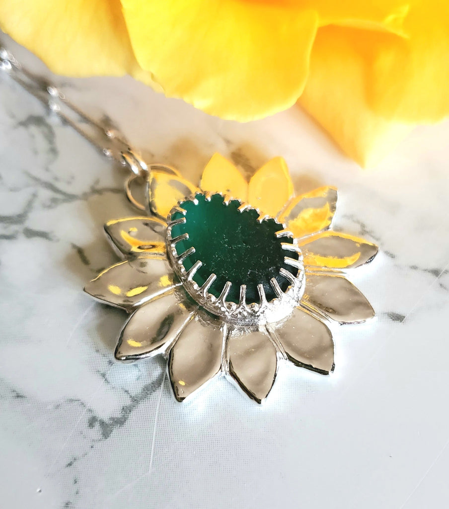 Teal Green Sea Glass Statement Flower Necklace